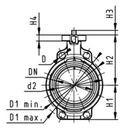 Durchflusscharakteristik 100 90 80 Type 567 / 568 Y 70 60 50 40 30 20 10 0 0 10 20 30 40 50 60 70 80 90 100 X P0901209 Abmasse Absperrklappe TYP 567 mit freiem Wellenende DN 50 DN 300 d DN D D1 min