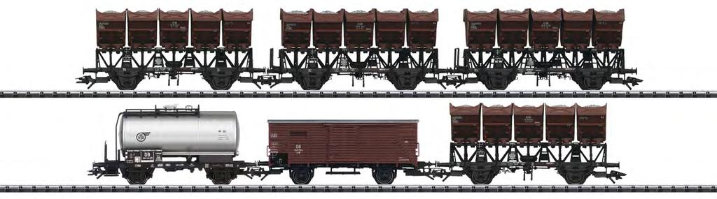 24094 Muldenkippwagen-Set 2. Vorbild: 6 Güterwagen unterschiedlicher Bauarten der Deutschen Bundesbahn (DB). 2 Muldenkippwagen F-v-51 (später Ommi 51) mit Handbremse und Bremserstand.