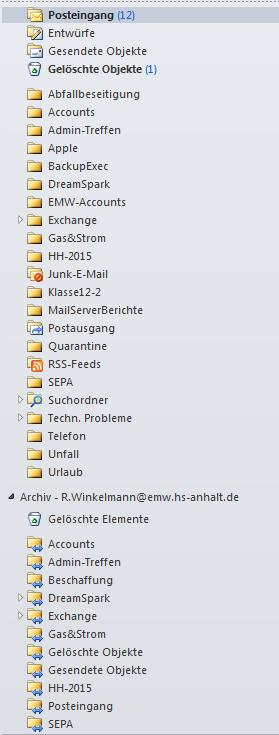 Namen erstellt. Nach und nach entsteht somit in Ihrer Archivmailbox die gleiche Ordnerstruktur, wie in Ihrem normalen Postfach. Im Bild rechts sehen Sie einmal ein Beispiel meines EMW-Postfaches.