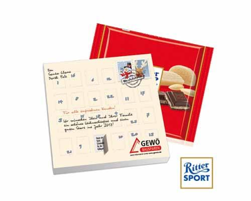 Ritter SPORT Adventsquadrat Adventskalender-Kartonage mit Werbeeinleger auf dem sich Standard- oder individuell getextete Sprüche befinden.