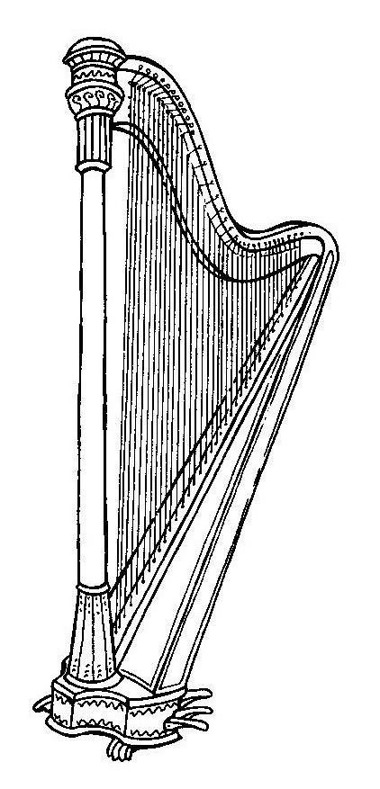 Instrumentenkunde: Harfe Infotext: Den Rahmen der Harfe bilden über dem Sockel die stabile Säule (häufig kunstvoll geschnitzt und verziert), der obere Hals (Saiten sind hier an den Wirbeln befestigt;