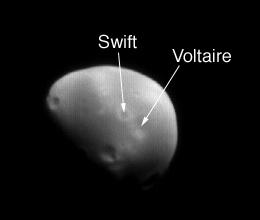 Deimos der weiter entferntere Mond des Mars läuft auf fast exakt runder Laufbahn ein