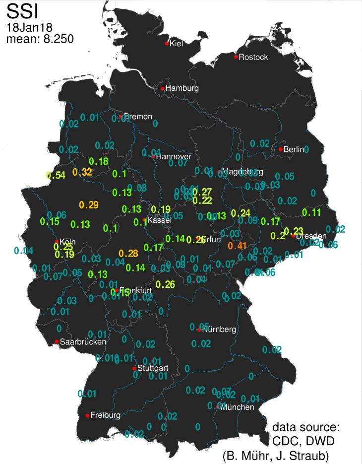 CEDIM Wintersturm FRIEDERIKE 7 Abbildung 4: Storm Severity Index (SSI) für Stationen in Deutschland während Wintersturm Friederike am 18.01.2018 (Daten: DWD).