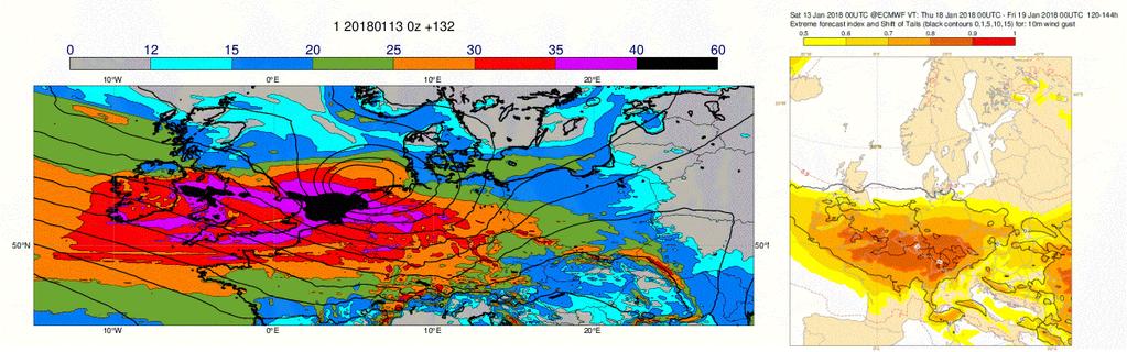 CEDIM Wintersturm FRIEDERIKE 9 Abbildung 5: Vorhersage von Bodendruck und Spitzenböen (m/s) in Europa am 18.01.2018 12 UTC zu unterschiedlichen Initialisierungen (ECMWF, Hauptlauf; links).