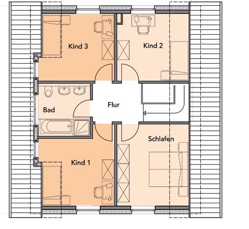 HAUSTYP G Dachgeschoss Kind 1 ca. 13 m² Kind 2 ca. 11 m² Kind 3 ca. 12 m² Schlafen ca. 14 m² Bad ca. 7 m² Flur ca.