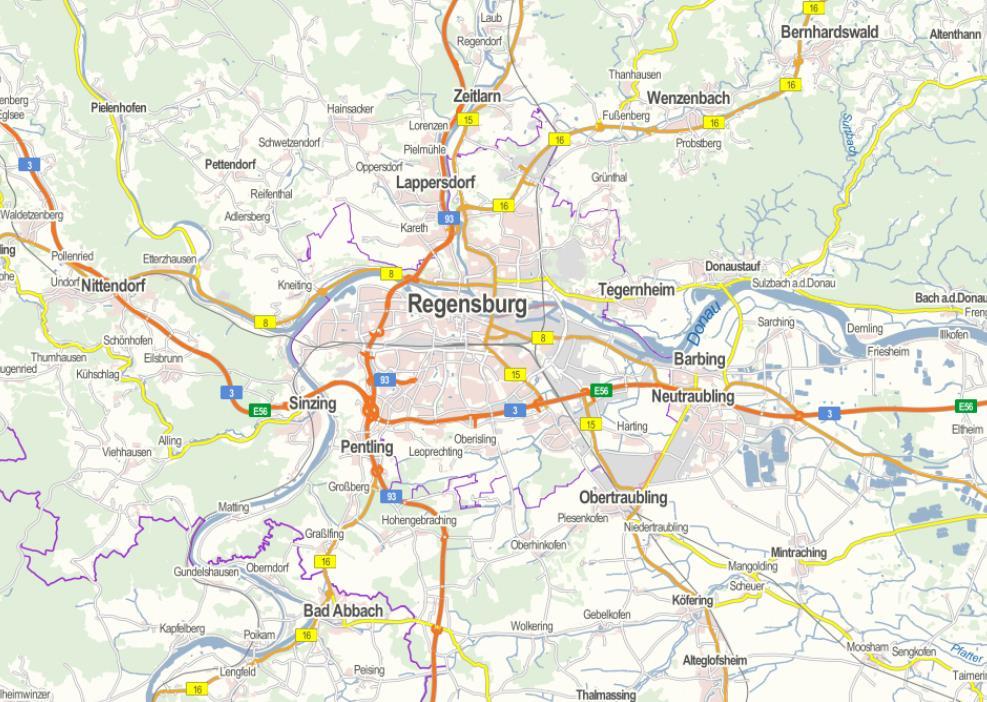 Lage Regensburgs im Straßennetz A93 B15 Oberste Baubehörde im B16 A3 A3