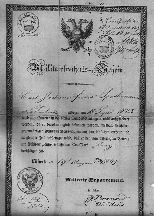 Ein Militairfreiheits-Schein von 1847, ausgestellt in Lübeck (links), rechts die Beantragung der US-amerikanischen Staatsbürgerschaft des Karl J.F.