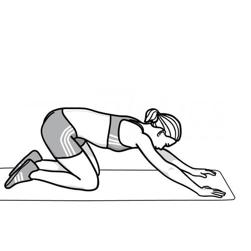 Bewegungsablauf Ausgangsposition einnehmen, unteren Rücken überstrecken, Becken/Rumpf Richtung der Füße schieben, Knie- und Hüftgelenke soweit wie möglich