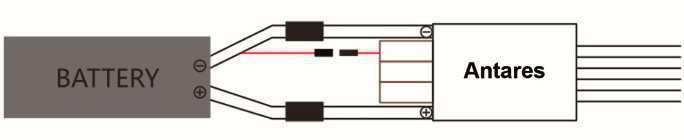 Anschluss Beispiel für Antares Regler mit Antiblitz Funktion: Extrakabel (rot) vom Regler mit einem separaten Kabel des Plus (+)