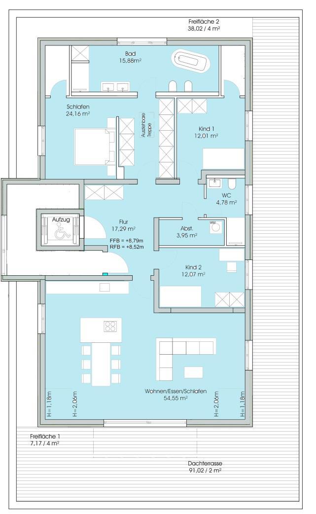 Wohnung 20 4-Zimmer-Wohnung Penthouse Wohnen/Essen/Küche 56,29 m² Schlafen mit Ankleide 31,76 m² Kind 1 16,18 m² Kind 2 12,07 m² Bad 16,49 m² WC 4,78 m²