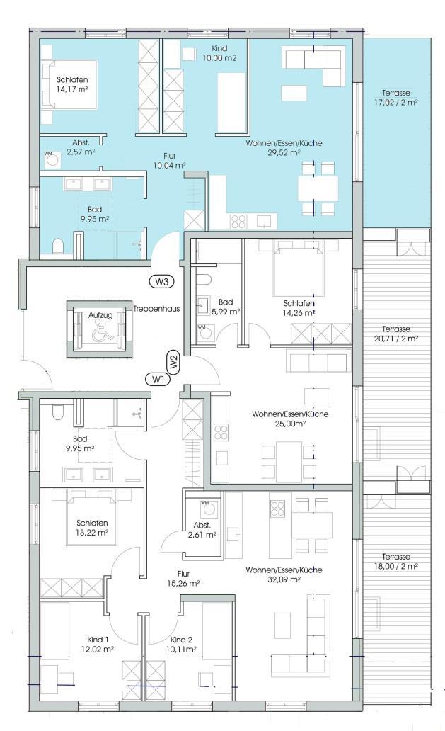 Wohnung 3 3-Zimmer-Wohnung Erdgeschoss Wohnen/Essen/Küche 29,52 m² Schlafen 14,17 m² Kind 10,00 m² Bad