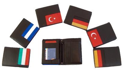 Leder-Geldbörsen mit Länderflagge Leder-Geldbörsen in Hoch- und Querformat, jeweils mit Länderflagge als Einlegearbeit aus Leder, auch