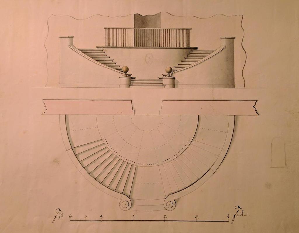 Foto 4. Gustav Friedrich von der Pahleni joonistatud trepi kavand, mis on äärmiselt sarnane Palmse mõisa pargipoolse trepiga (foto: Susanna Murel, 2017) 1782 1785.