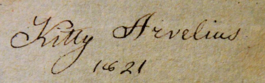 Foto 14. Elisabeth von Esseni kasuõe, Katharina Arveliuse autogramm (foto: Susanna Murel, 2017) Palmse 1872. aasta raamatukataloog Peale 1725.