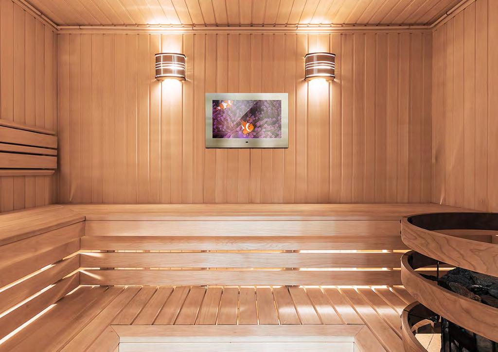 Wasserdicht Genießen Sie Ihre Lieblingsserie gemütlich in der IR-Sauna oder von der Badewanne aus. Selbst massives Spritzwasser kann Ihrem TV Vergnügen nichts anhaben.