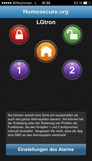 6. Per App. Alarm4Home SMS senden (S.13 bis 14) Arm-Away Disarm Arm-Stay Benutzer-definierte Funktionen 1. Einstellungen des Alarms 2. Neues Profil erstellen 3.