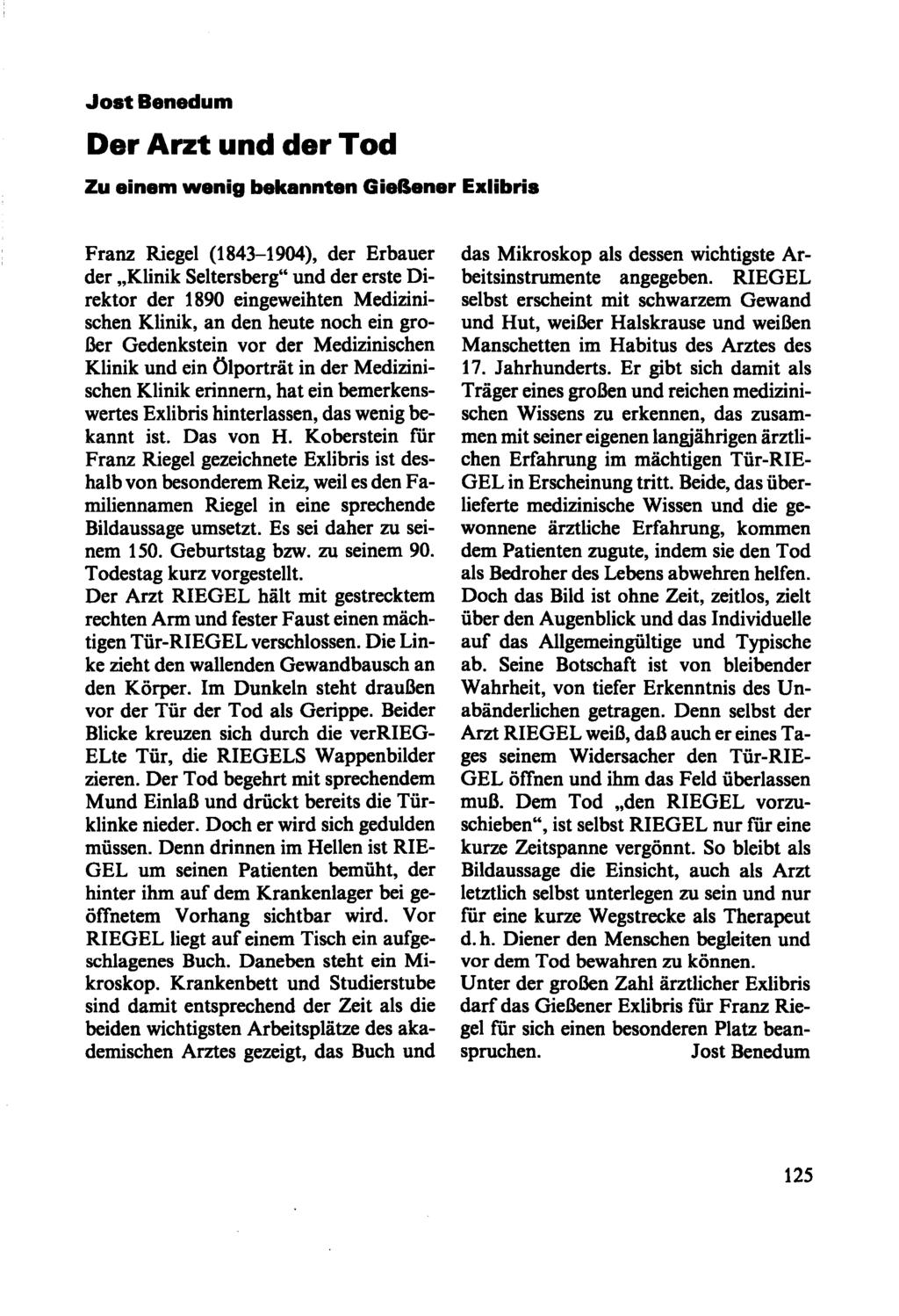 .Jost Benedum Der Arzt und der Tod Zu einem wenig bekannten Gießener Exlibris Franz Riegel (1843-1904), der Erbauer der Klinik Seltersberg" und der erste Direktor der 1890 eingeweihten Medizinischen