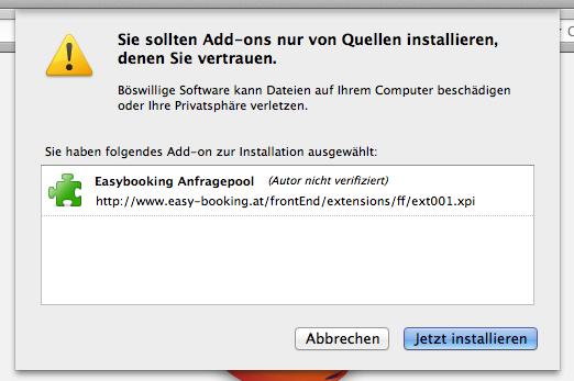 Installation unter Apple OSX SCHRITT 1: Öffnen Sie den Link zum easybooking Anfragepool Add-On Öffnen Sie Ihren Firefox Browser und rufen Sie folgende URL auf: http://www.easy-booking.