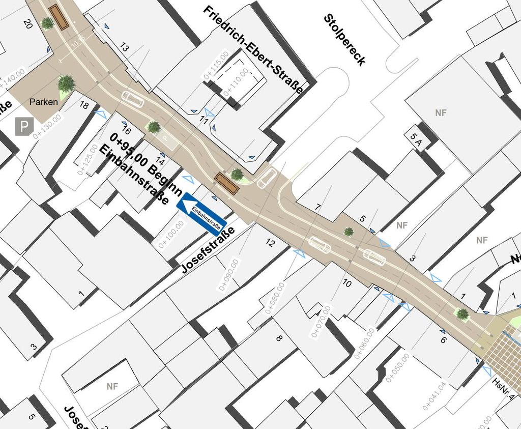 Entwurfsplanung und Gestaltung 5 Marktstraße bis Neunröhrenplatz Strukturierung des Straßenraumes Parkplätze (konsequent hinter der Rinne)