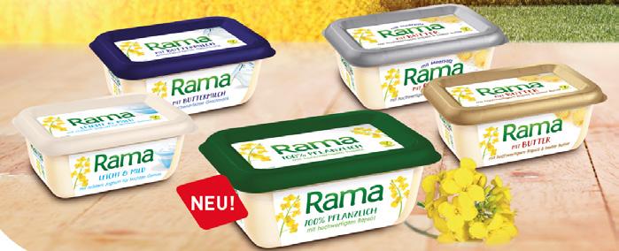 Die neue Rama: pflanzlich basiert, frisch & lecker Ab sofort gibt es eine neue Produktrange von Rama im Kühlregal: die Basis der insgesamt fünf frischen Geschmacksrichtungen ist eine Mischung aus