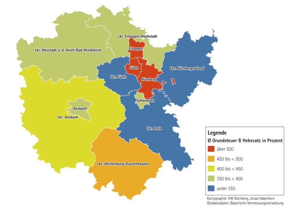 Durchschnittlicher Gewerbesteuerhebesatz in den Landkreisen Mittelfrankens in % 370 360 350 340 330 320 Erlangen-Höchstadt Neustadt a.d.aisch- Bad Windsh. Fürth Ansbach Roth Weißenburg- Gunzenh.