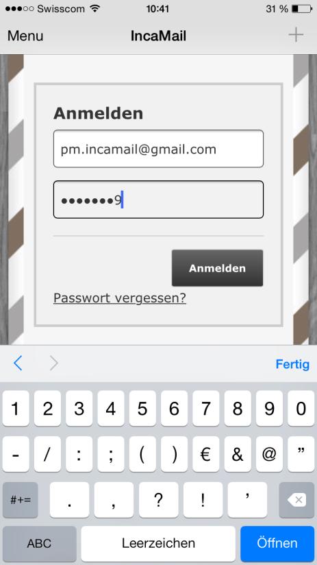 4. Anmelden bei IncaMail Geben Sie Ihr Passwort ein, welches Sie im Abschnitt B, Schritt 3 festgelegt haben, und klicken Sie auf Anmelden.