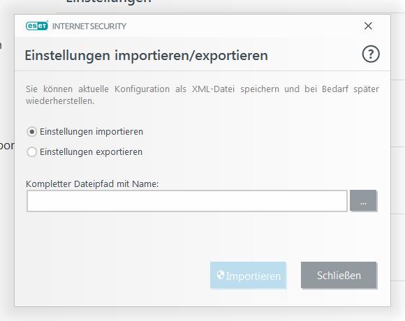 5.4 Einstellungen importieren/exportieren Über das Menü Einstellungen können Sie die XML-Datei mit Ihrer benutzerdefinierten Konfiguration von ESET Internet Security importieren und exportieren.