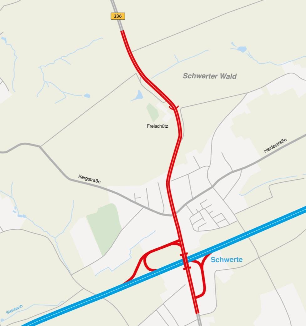 Der Ausbau der Bundesstraße B 236 von der Anschlussstelle Schwerte an der Autobahn A 1 bis zur Dortmunder Stadtgrenze Welcher Bereich der Bundesstraße B 236 wird vierspurig ausgebaut?