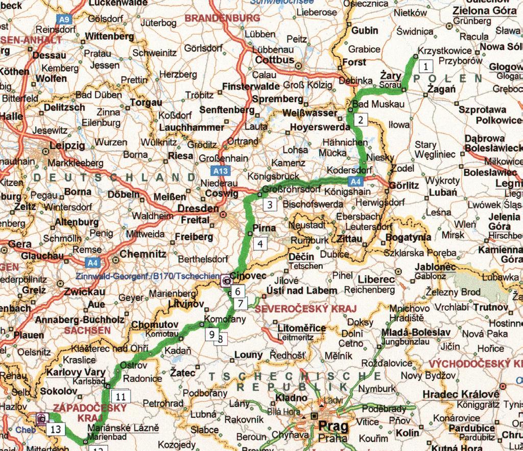 195 Karte 2: Todesmarsch, südliche Route von Christianstadt über Pirna nach Cheb. Quelle: Microsoft AutoRoute 2001.