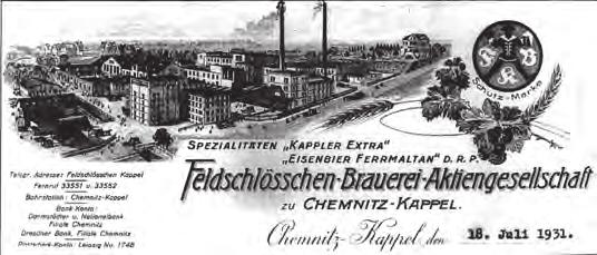 April 1857 die Gründung der Actien-Lagerbier-Brauerei zu Schloß Chemnitz, deren Logo ein Mönch wurde, der einem Storch im Nest einen überschäumenden Krug Bier kredenzte.
