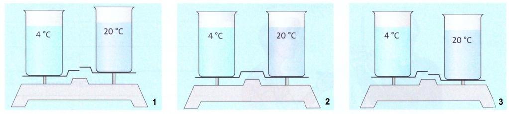 Das Wasser im linken Glas besitzt eine Temperatur von 4 C, das Wasser im rechten Glas hat eine Temperatur von 20 C. Gib an, welche der drei Waagen das richtige anzeigt. Begründe deine Antwort.