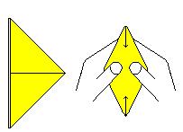 Falte das untere vordere Dreieck nach oben, drehe das Gebilde um und falte wieder das untere Dreieck noch oben. Das müsste dann so aussehen. Drehe den "Hut" um 90 Grad und öffne ihn.