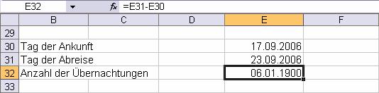 2 Microsoft Office Excel 2003 - Themen-Special: Praxisorientierte Formulare erstellen Anzahl der Übernachtungen aus Datumsangaben berechnen Die Differenz zweier Datumsangaben liefert als Ergebnis die