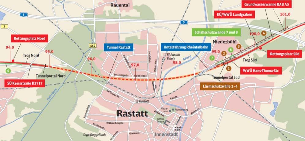 Tunnel Rastatt: Lageplan N EÜ = Eisenbahnüberführung SÜ =
