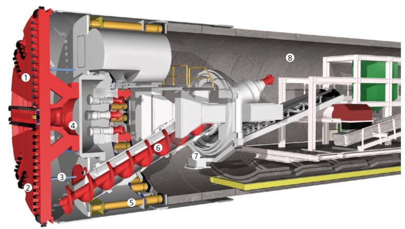Tunnelvortriebsmaschine: Schematische Darstellung 1 Ortsbrust 5 Vortriebspressen 2 Schneidrad