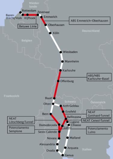 Europäische Dimension Ziele des Rheintalbahnausbaus Erhöhung der Streckenkapazität: Aufnahme prognostizierter Mehrverkehre aus der Neuen Eisenbahn-Alpentransversale (NEAT) Entmischung der Verkehre