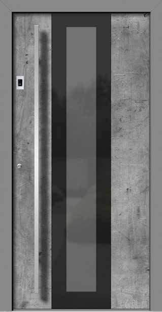 Graualuminium matt Farbe Türblatt: DECO 0427 Beton Glas: Parsol grau mit Email schwarz,