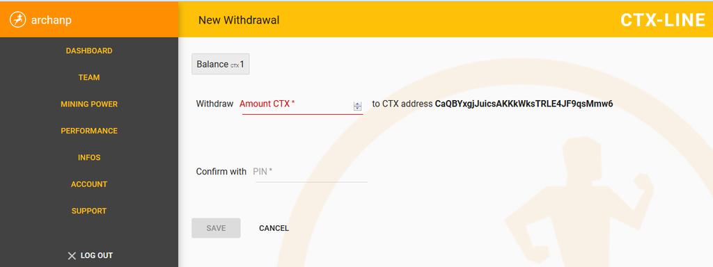Amount CTX (Menge) angeben und Ihre CTX adress (Alpha-Wallet unter Adress) kontrollieren.