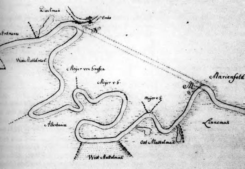 Stark mäandrierender Verlauf der Ems kurz oberhalb des Loddenbaches bei Greffen um 1777, mit einem Vorschlag für eine Begradigung (Quelle: Kaiser A.