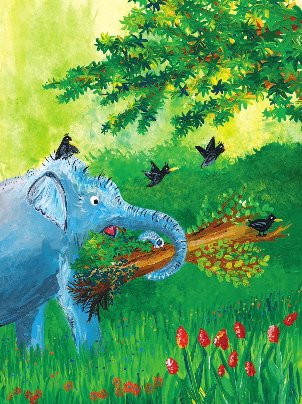 Mit den schweren und grossen Baumstämmen ist Louis überfordert, darum schickt er die vier kleinen Raben zu Mili, dem jungen Elefanten. Mili ist ein starker Elefant.