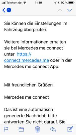 gesendet, aber es wurde nicht erfolgreich ausgeführt. Sie können die Einstellungen im Fahrzeug überprüfen. Weitere Informationen erhalten sie bei Mercedes me connect unter https://connect.mercedes.