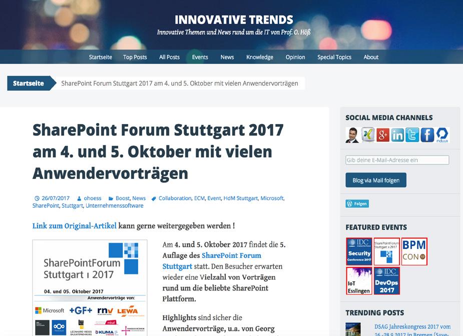 5 Redaktionelle Vorberichte und Posts aus Sozialen Medien - Auszüge Innovative Trends SharePoint Forum Stuttgart 2017 am 4. und 5.