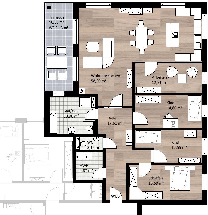 Grundriss Erdgeschoss 158,86 m² - 5 Zimmer Kaminanschluss möglich bodengleiche Echtglasdusche großzügige Terrasse mit