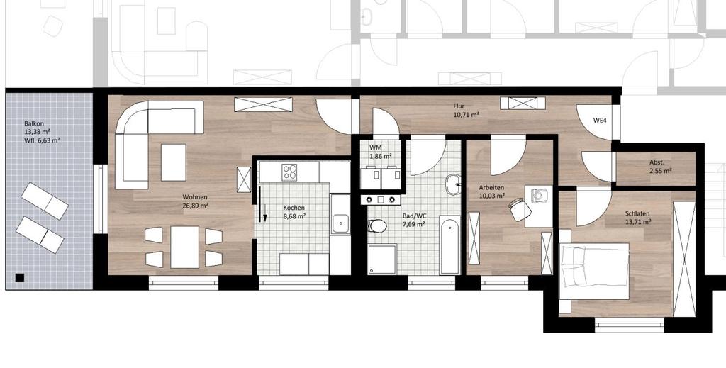 Grundriss Obergeschoss 88,75 m² - 3 Zimmer bodengleiche Echtglasdusche großzügiger Balkon