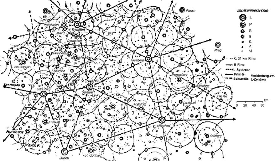 System der zentralen Orte, Theorie Walter Christaller (1893-1969): Untersuchte am Beispiel Süddeutschlands die Markteinzugsgebiete einzelner Güter Beschrieb Hierarchie von