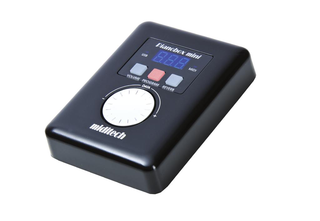 PIANOBOX mini General MIDI Soundmodul mit 128 General MIDI Sounds Bedientaster und Drehrad für schnelle Programmwahl, Lautstärke und Hall-Anteil MIDI Input Adapter USB MIDI Input Port LINE und