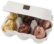 3 x 6 einzeln verpackte Eier mit Milch-, Zartbitter- oder weißer Schokolade umhüllt. TUBO FILLED 3 CHOCOLATES Artikel-Nr.