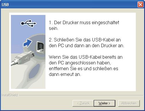 Schließen Sie das USB-Kabel an der mit dem Symbol gekennzeichneten USB-Buchse an und verbinden Sie dann das Kabel mit dem Computer. Klicken Sie auf Weiter.