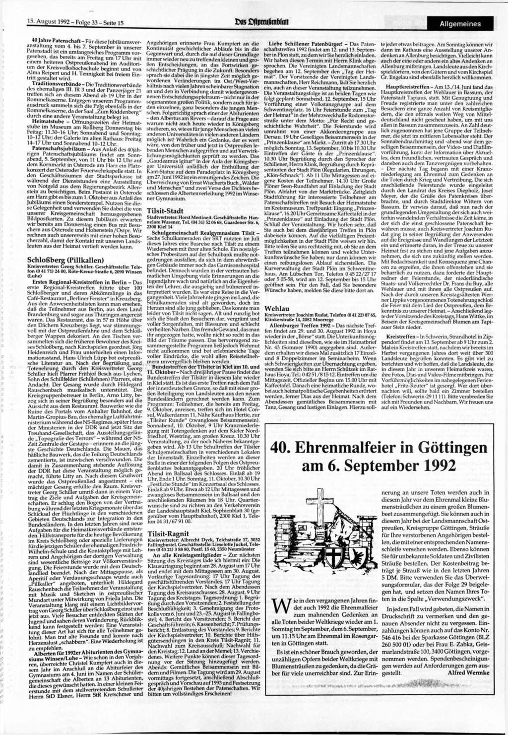 15 1992 Folge 33 Seite 15 tt5 IXiprmßmblait Allgemeines 40 Jahre Patenschaft