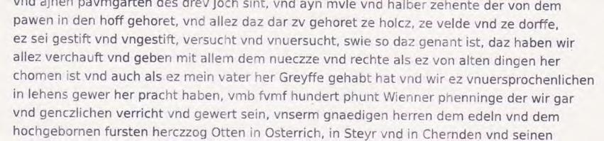 Wiener Pfennig an Herzog Otto den Fröhlichen. Im Vertrag ist Gablitz genau beschrieben: Es gab einen Hof, eine Mühle, einen Fischteich, Obstbäume, 13 Leiten (Abhänge) Wald, Wiesen.